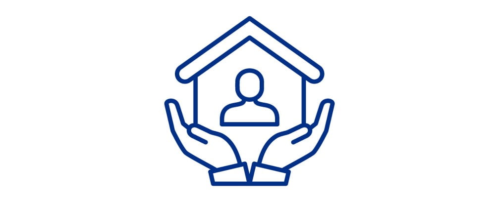 Graphic of hands holding a home with a person inside.