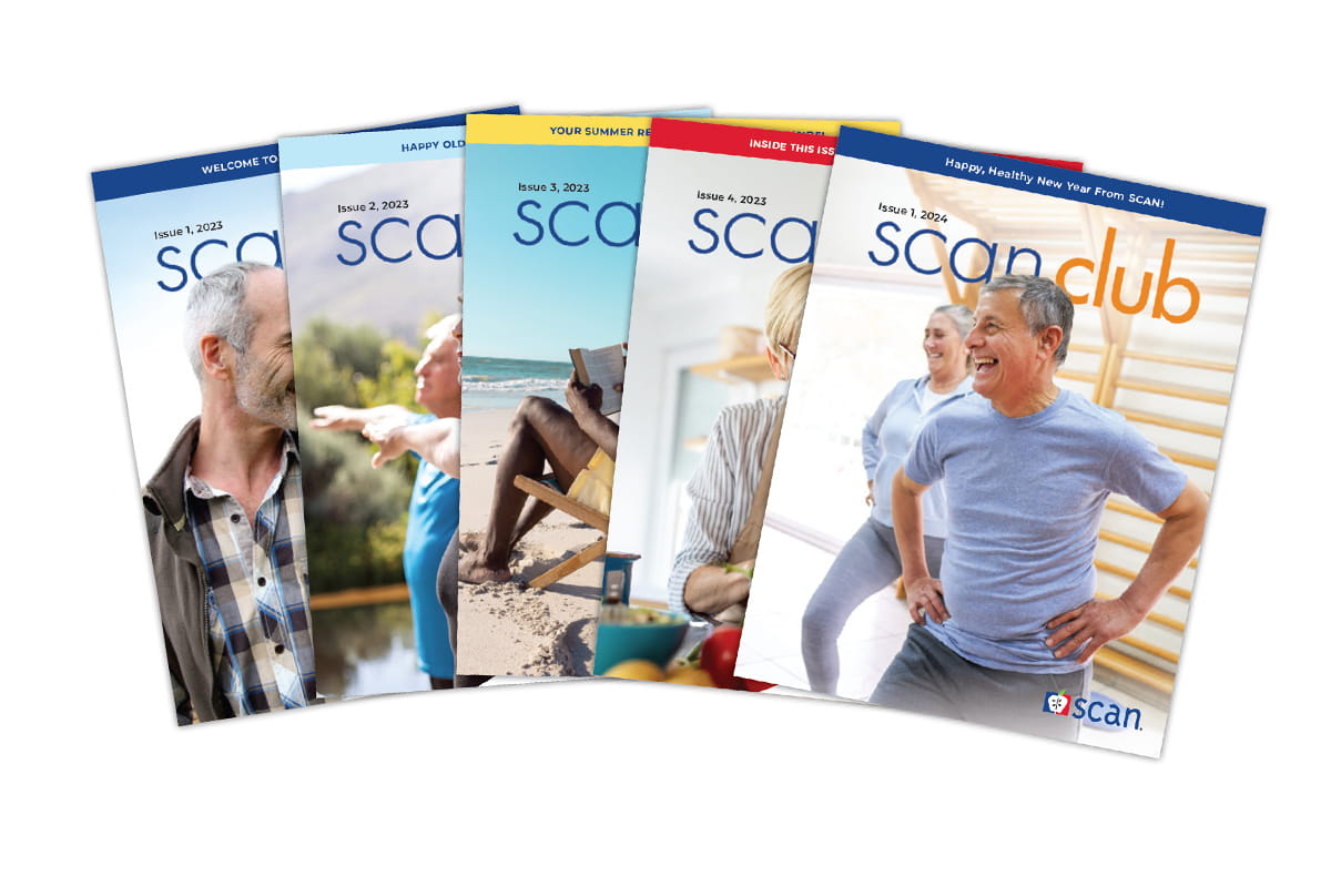 Array of five covers of SCAN Club newsletter booklets.